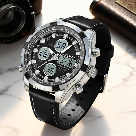 JOEFOX The Classic Minimalist Watch — Black Leather Black Dial — Dress Watch Front View