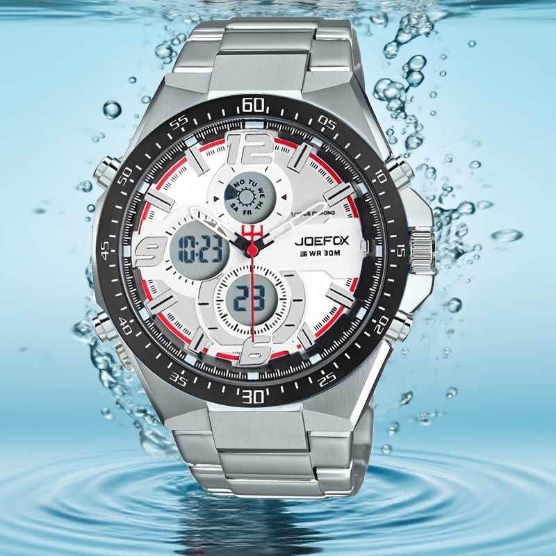 JOEFOX The Voyager Dual Display Casual Watch — Black Bezel White Dial — Versatile Watch Under $35