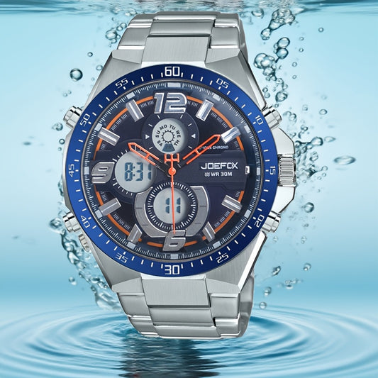 JOEFOX The Voyager Dual Display Casual Watch — Blue Bezel Blue Dial — Modern Digital Watch
