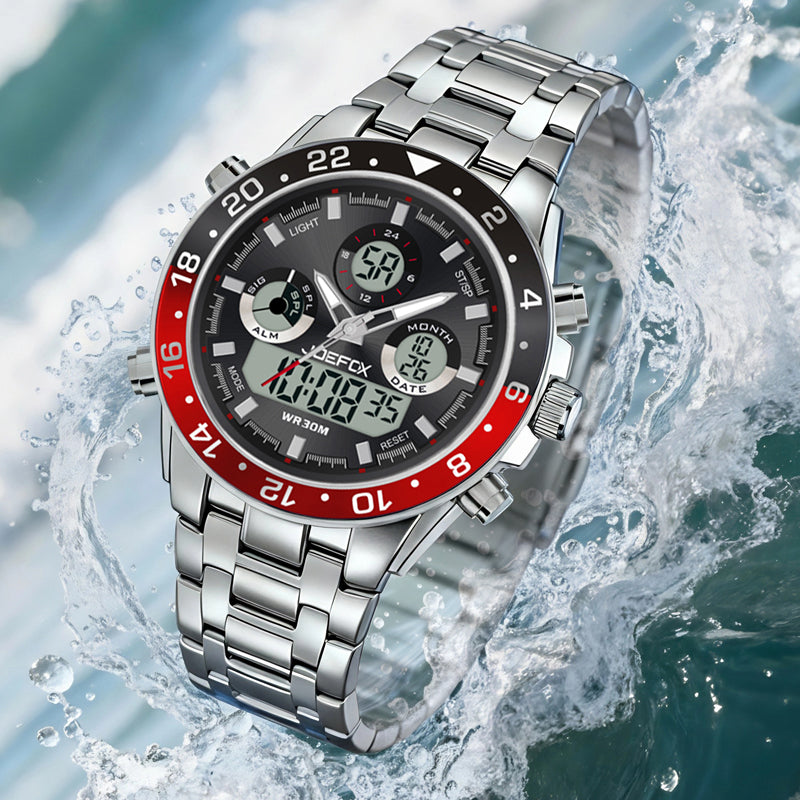JOEFOX The Commander Vintage Chronograph Watch — Silver Black Dial — Dual Display Front View