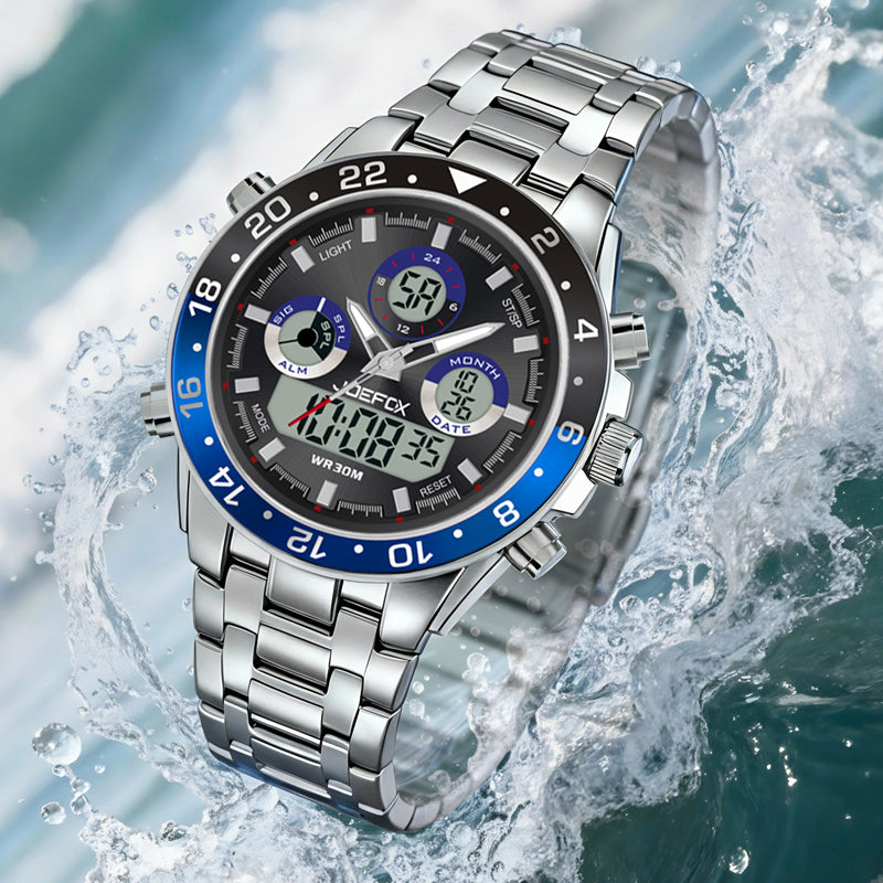 JOEFOX The Commander Vintage Chronograph — Blue Bezel — Retro Military Style — Front View