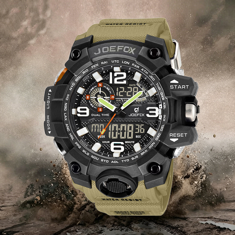 JOEFOX 1523-N3 Black Sand Beige Military Watch — Desert Ops — Dual Time