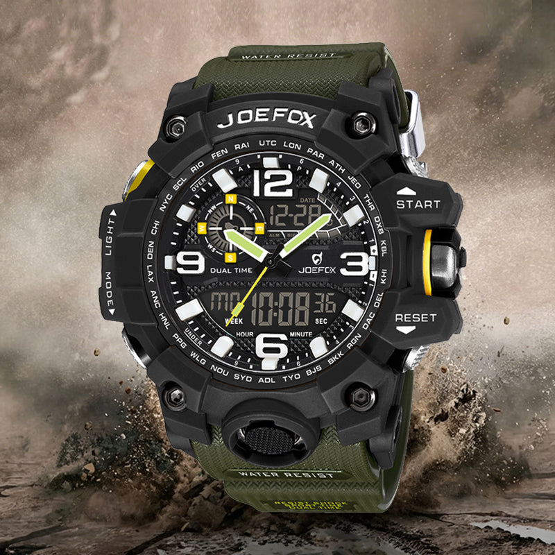 JOEFOX 1523-N2 Black Olive Green Military Watch — Field Ready — Dual Time Display