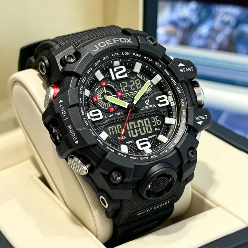 JOEFOX 1523 Dual Time Military Sports Watch — Front View — 50mm Tactical Dial — Reinforced Polymer