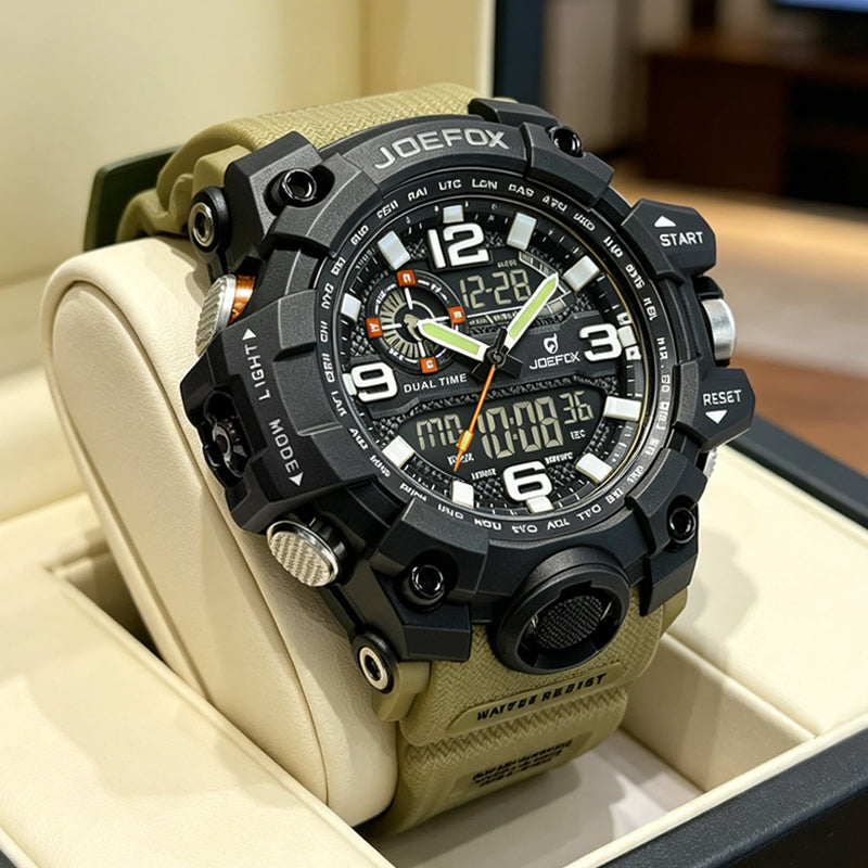 JOEFOX 1523 Military Watch — Side Detail — Reinforced Polymer Strap Buckle — Stainless Steel Clasp