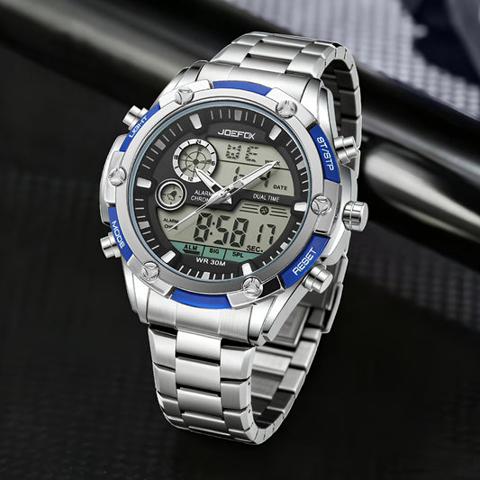 JOEFOX The Executive Business Watch — Blue Accent Silver Band — Professional Watch for Men