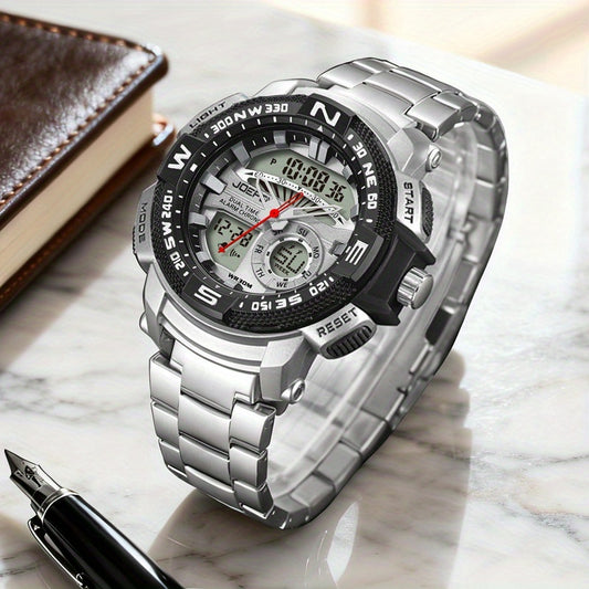 JOEFOX The Commander Vintage Chronograph Watch — Silver Steel — Professional Dual Display Watch