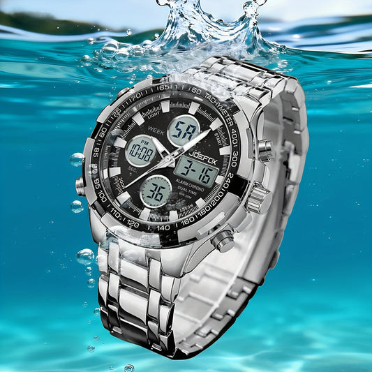 JOEFOX The Guardian Stainless Steel Watch — Silver Black Dial — IP68 Waterproof Watch