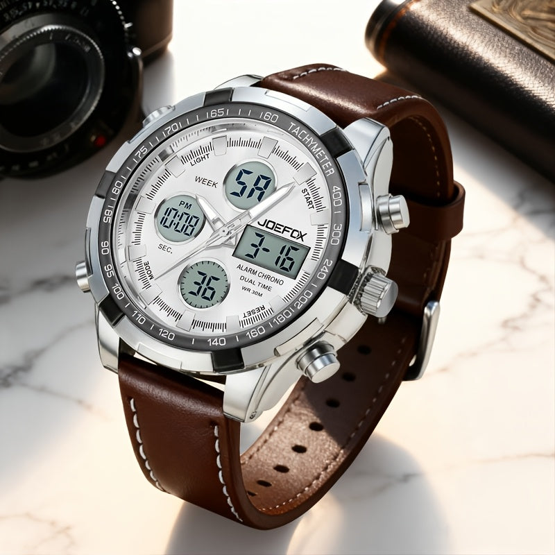 JOEFOX The Classic Minimalist Analog Watch — Brown Leather Strap — White Dial — Front View